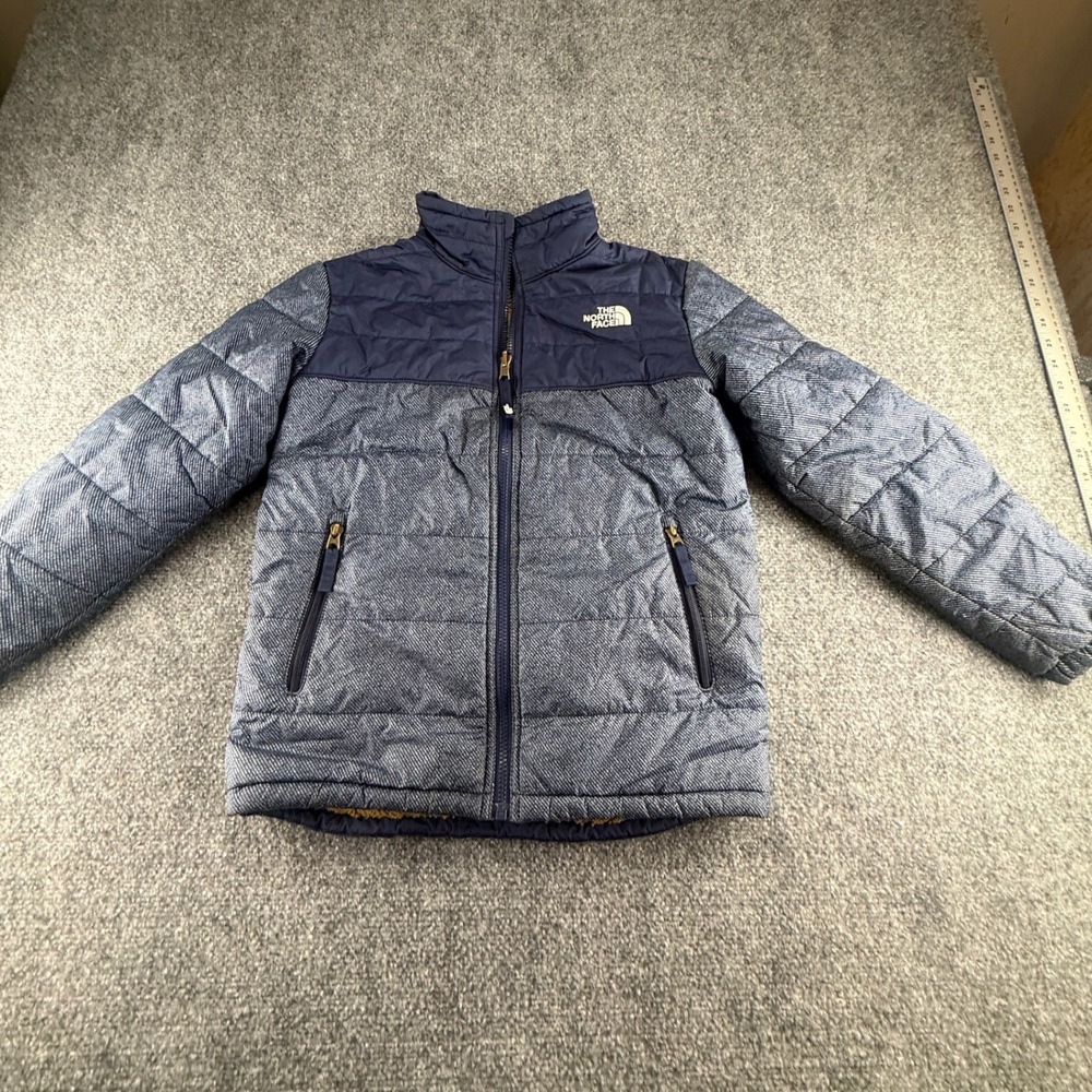 The North Face Boys Navy Blue Patterned Quilted Fleece Lined Puffer Jacket 0365